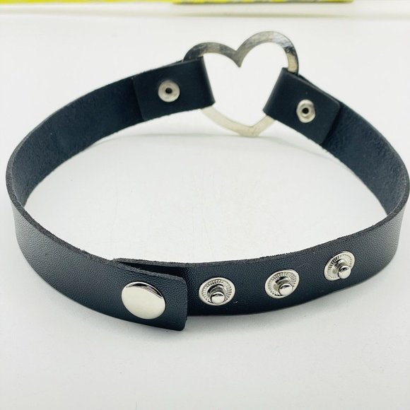 Faux Leather Collar Necklace Open Heart Charm Silver Tone Love Punk Rocker Goth - Picture 2 of 5